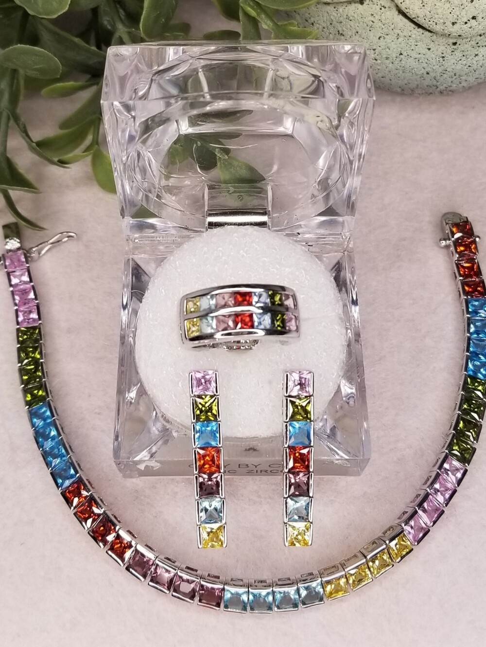 Channel Set Princess Cut CZ tennis bracelet, Ring and Earrings 925 SS